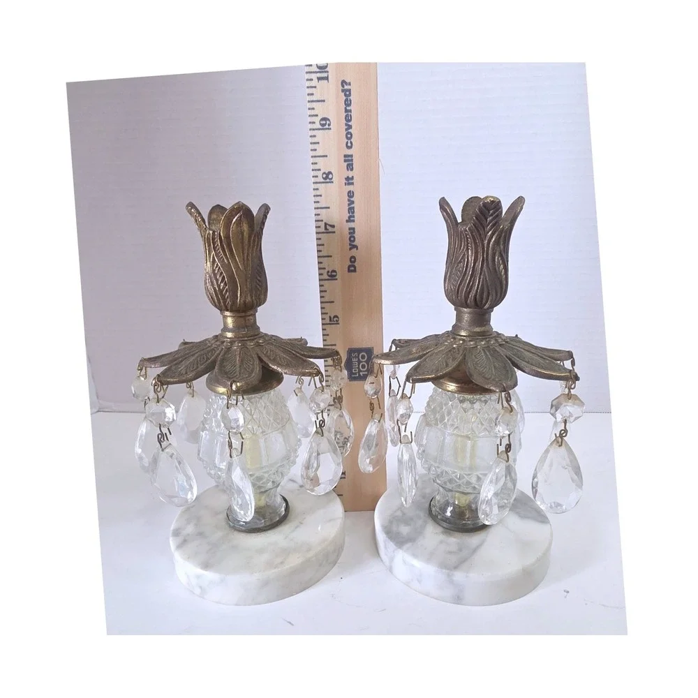 2 Vintage Hollywood Regency Italian Marble Brass Crystal Prism Candlesticks